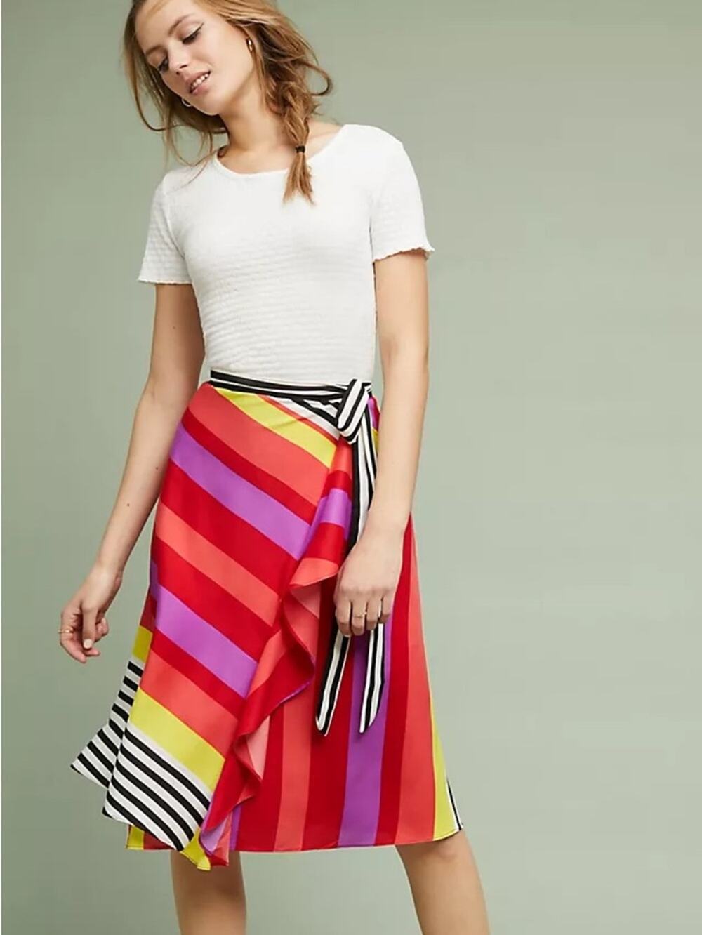 Anthropologie Ranna Gill Lisa Multicolor Rainbow Striped Wrap Midi Skirt Size XS